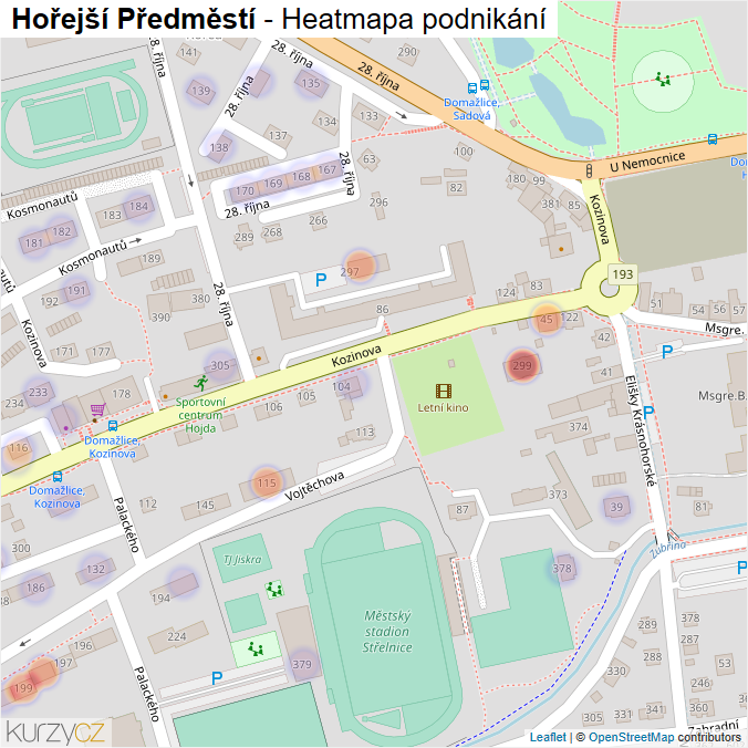 Mapa Hořejší Předměstí - Firmy v části obce.