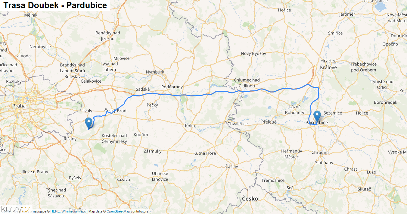 Doubek-Pardubice, mapa trasy
