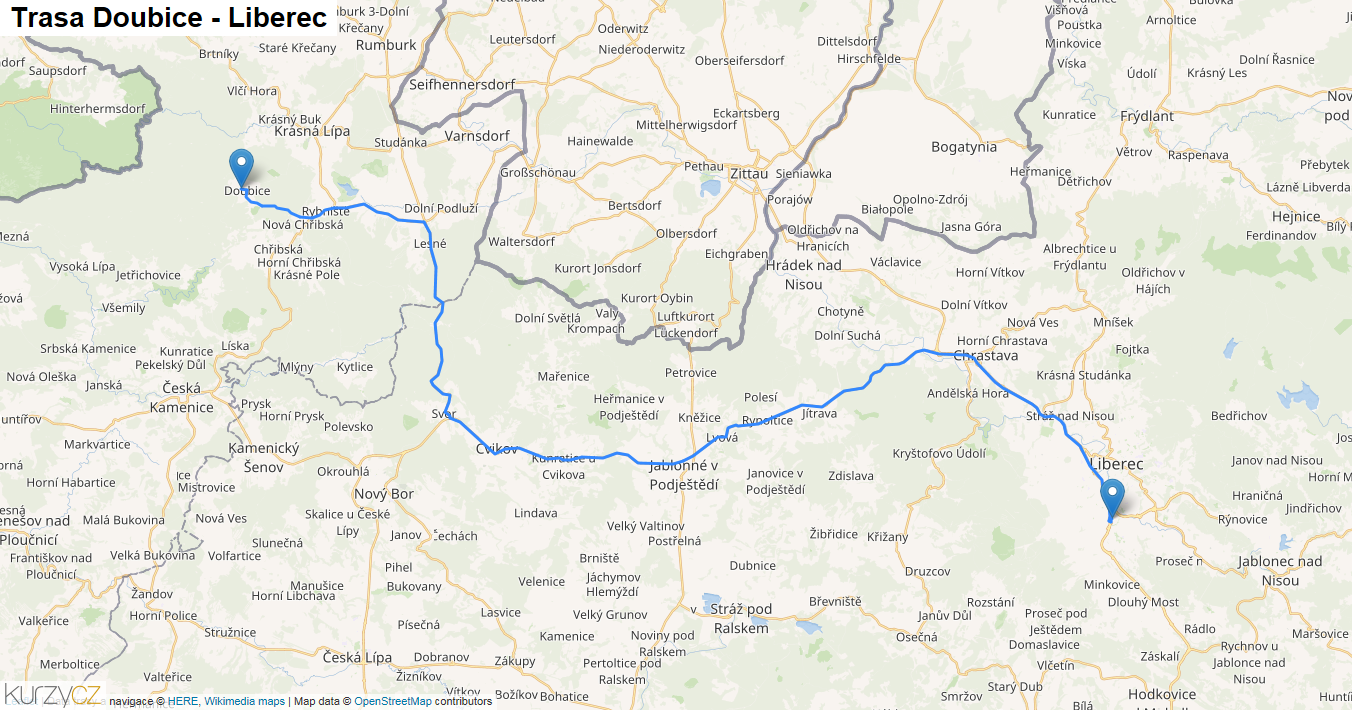 Doubice-Liberec, mapa trasy