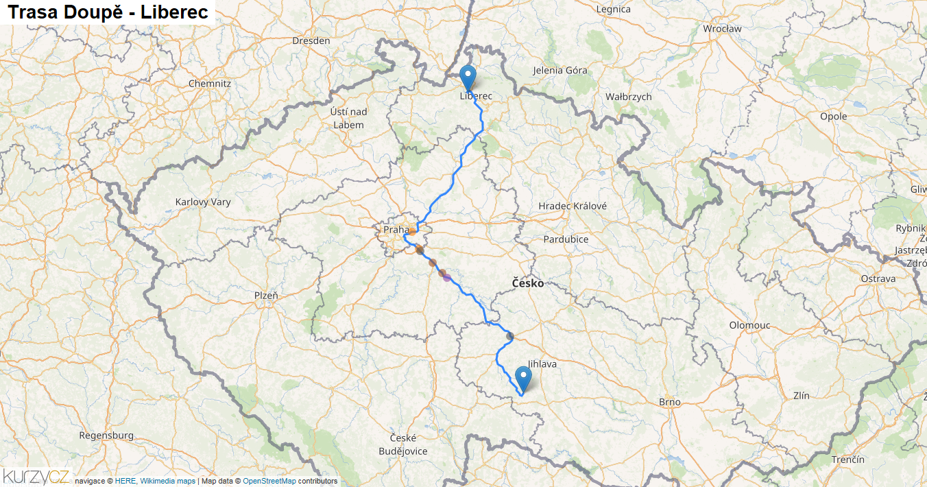 Doupě-Liberec, mapa trasy