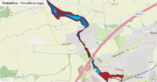 Drahelčice - záplavové mapy stoleté vody
