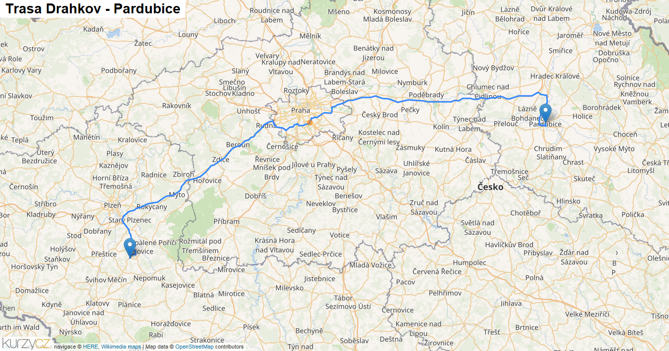 Drahkov-Pardubice, mapa trasy