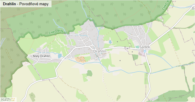 Drahlín - záplavové mapy stoleté vody