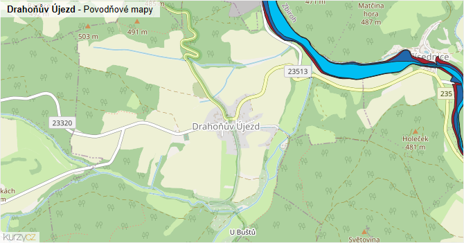 Drahoňův Újezd - záplavové mapy stoleté vody