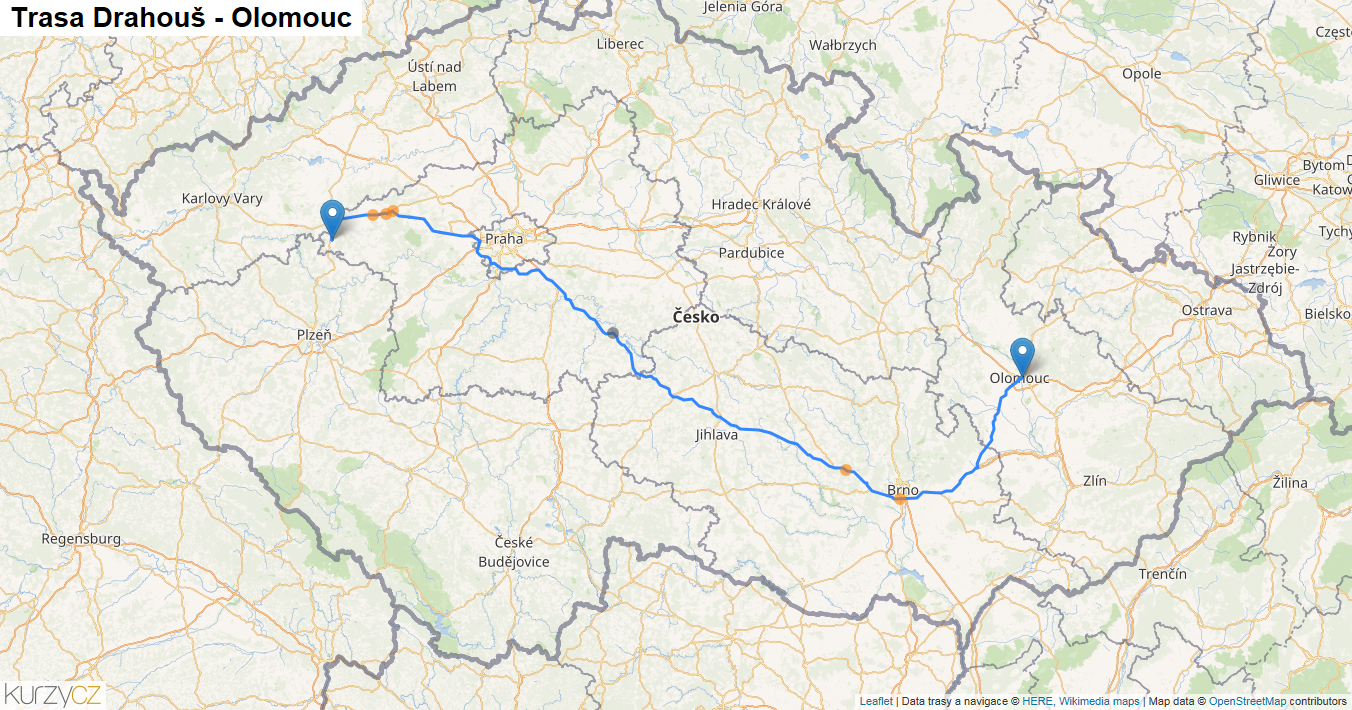 Drahouš-Olomouc, mapa trasy