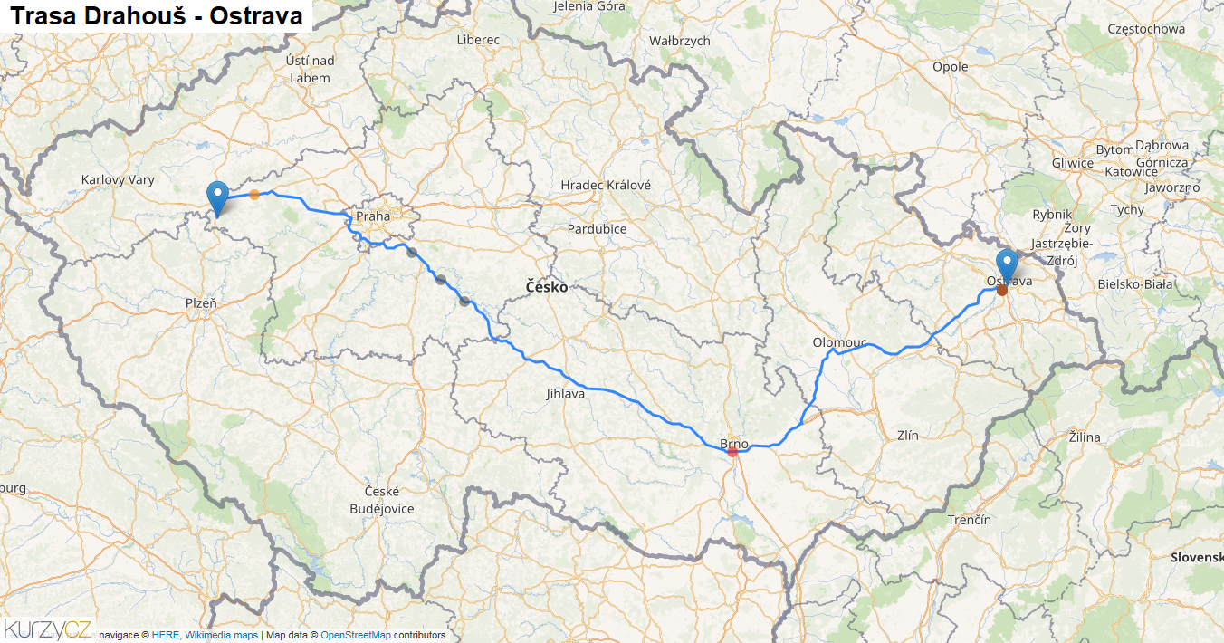 Drahouš-Ostrava, mapa trasy