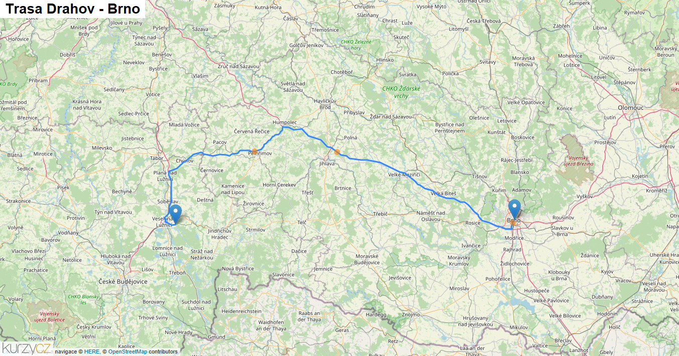 Drahov-Brno, mapa trasy