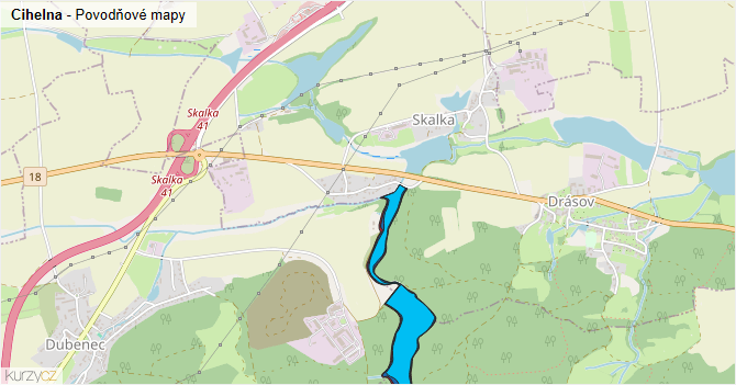 Cihelna - záplavové mapy stoleté vody