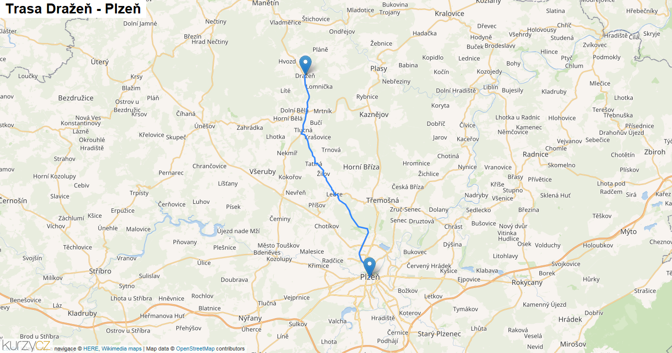 Dražeň-Plzeň, mapa trasy