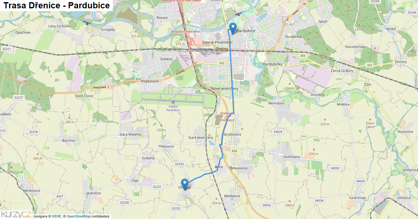 Dřenice-Pardubice, mapa trasy