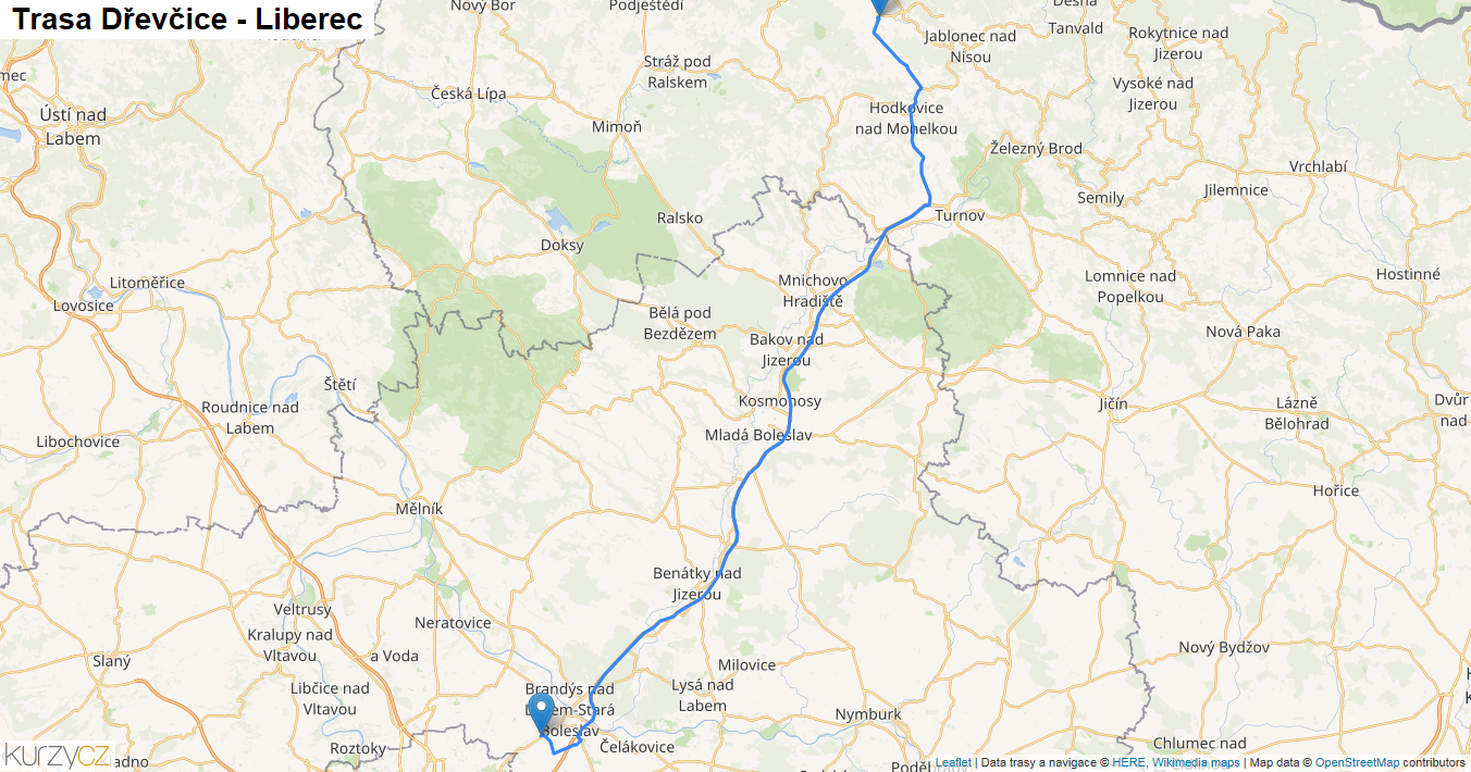 Dřevčice-Liberec, mapa trasy