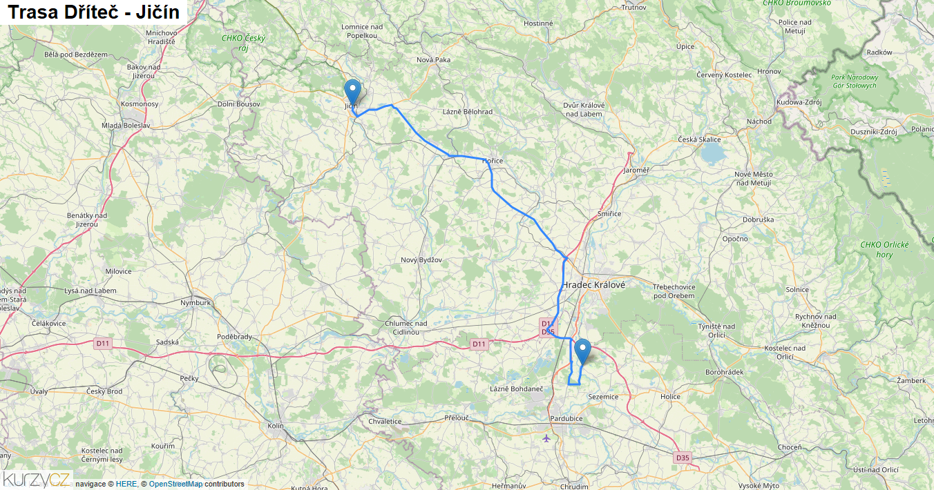 Dříteč-Jičín, mapa trasy