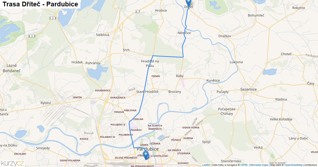 Dříteč-Pardubice, mapa trasy