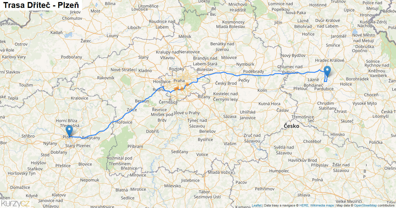 Dříteč-Plzeň, mapa trasy