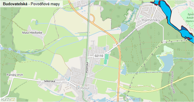 Budovatelská - záplavové mapy stoleté vody