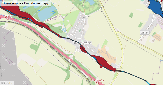 Droužkovice - záplavové mapy stoleté vody