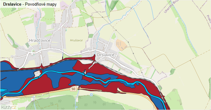 Drslavice - záplavové mapy stoleté vody