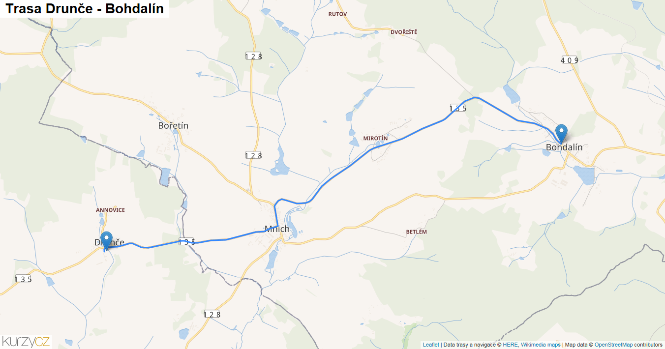 Drunče-Bohdalín, mapa trasy
