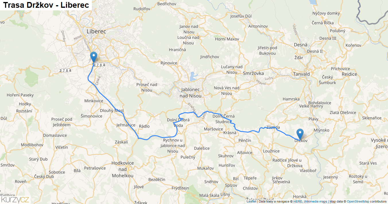 Držkov-Liberec, mapa trasy