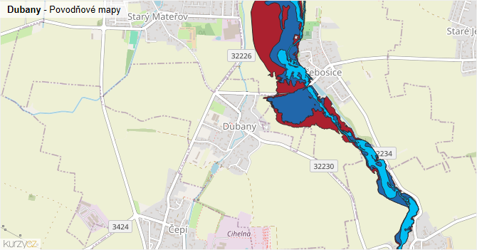 Dubany - záplavové mapy stoleté vody