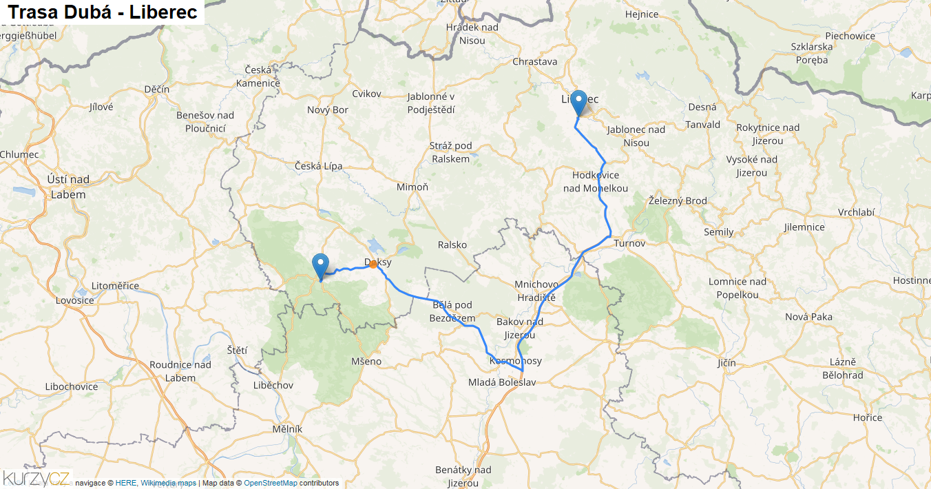 Dubá-Liberec, mapa trasy