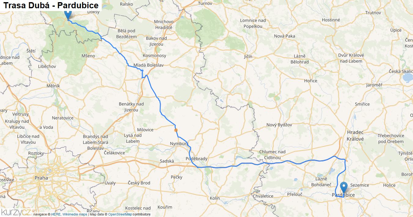 Dubá-Pardubice, mapa trasy