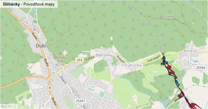 Běhánky - záplavové mapy stoleté vody