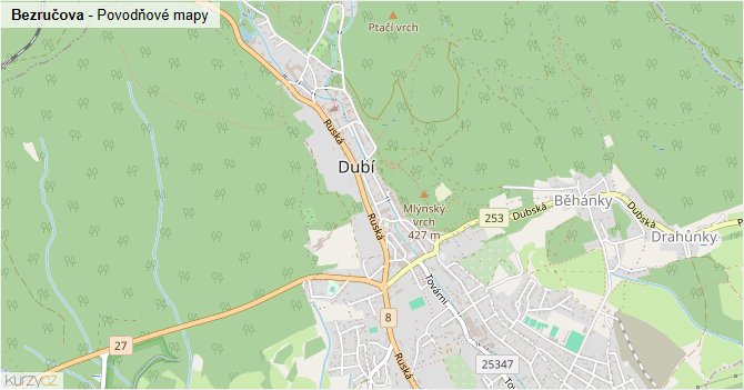 Bezručova - záplavové mapy stoleté vody