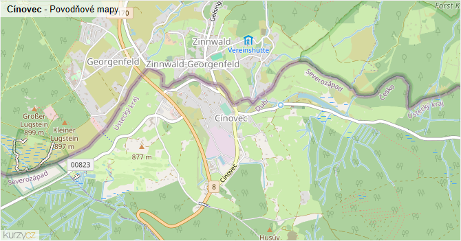 Cínovec - záplavové mapy stoleté vody