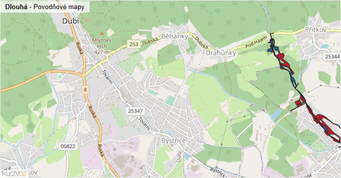 Dlouhá - záplavové mapy stoleté vody