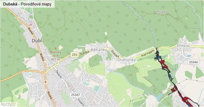 Dubská - záplavové mapy stoleté vody