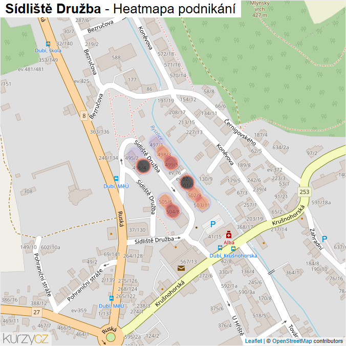 Mapa Sídliště Družba - Firmy v ulici.