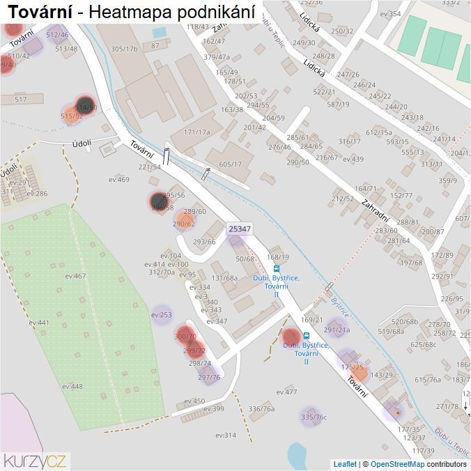 Mapa Tovární - Firmy v ulici.