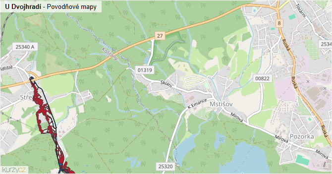U Dvojhradí - záplavové mapy stoleté vody