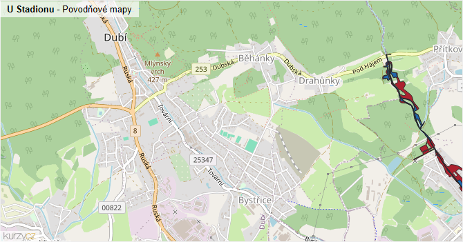 U Stadionu - záplavové mapy stoleté vody