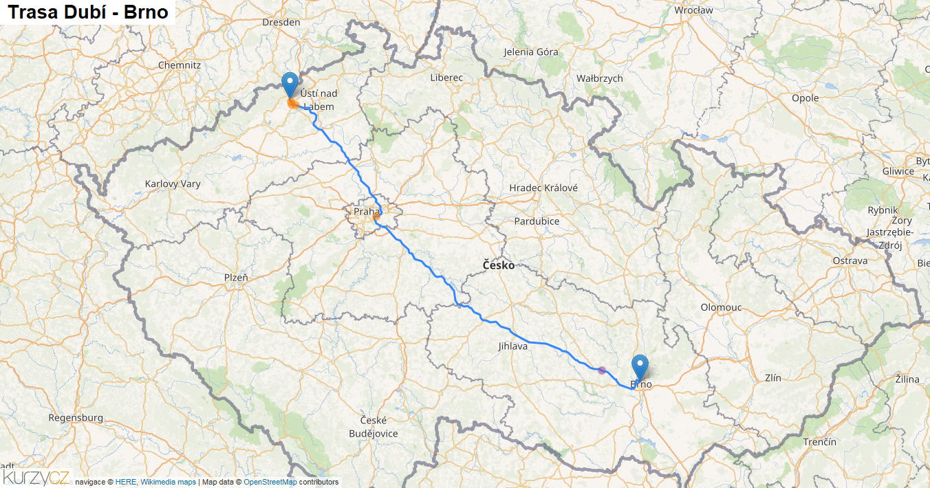 Dubí-Brno, mapa trasy
