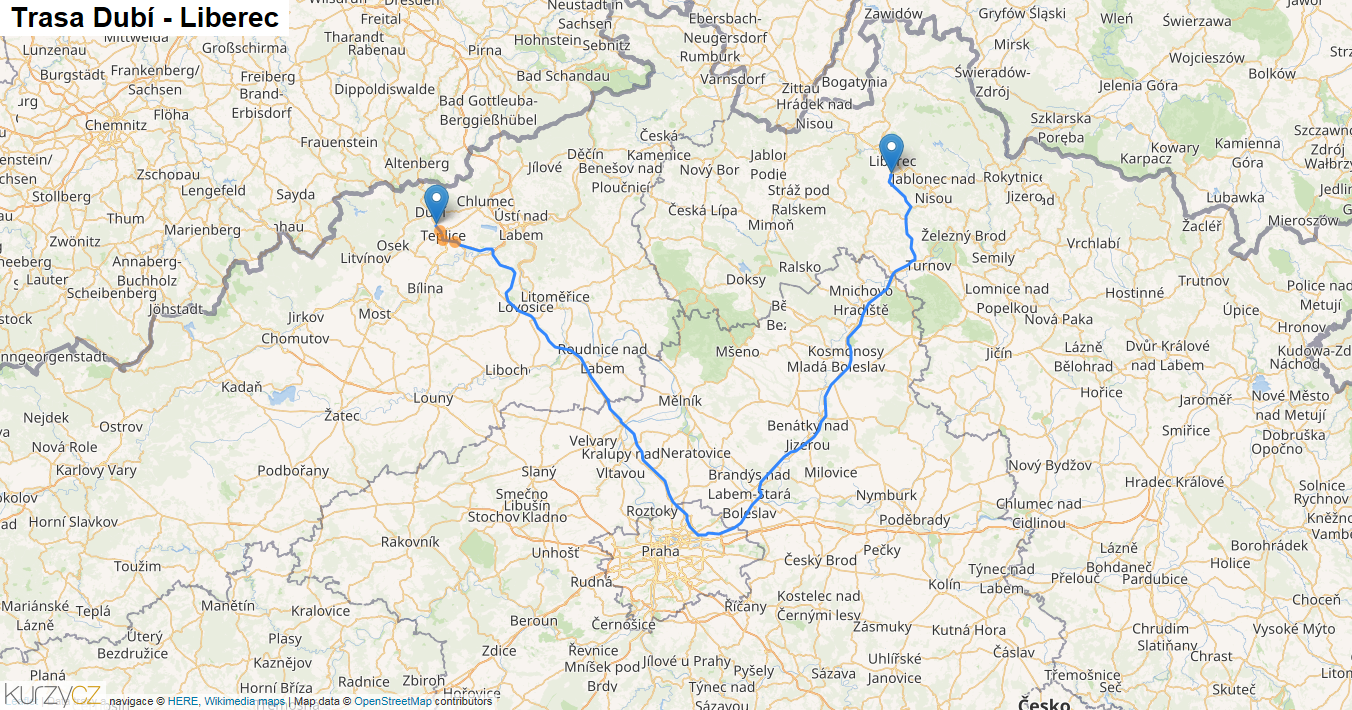 Dubí-Liberec, mapa trasy