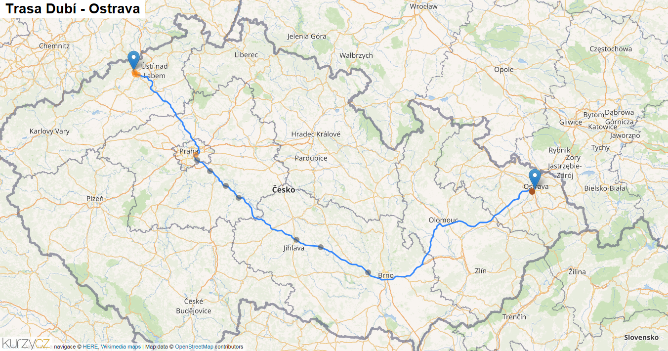 Dubí-Ostrava, mapa trasy