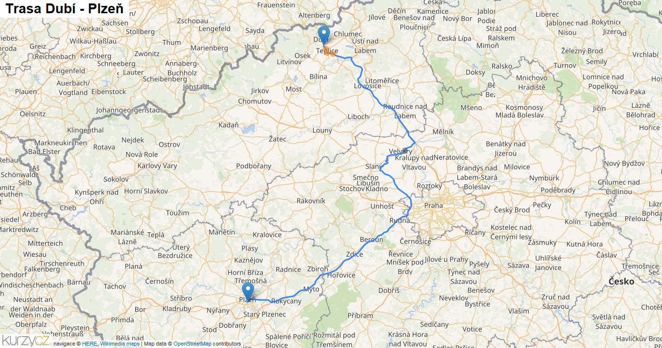 Dubí-Plzeň, mapa trasy