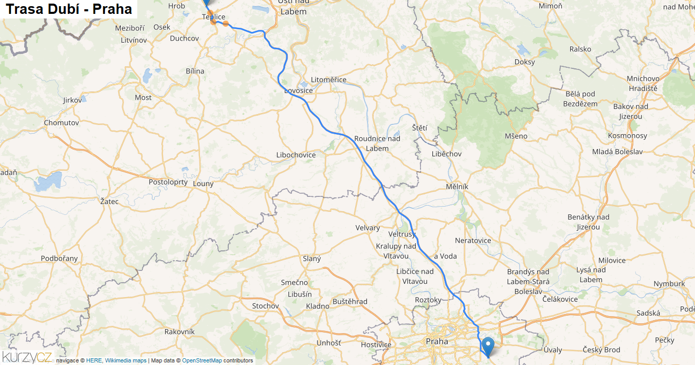 Dubí-Praha, mapa trasy