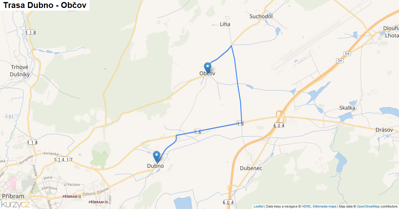 Dubno-Občov, mapa trasy