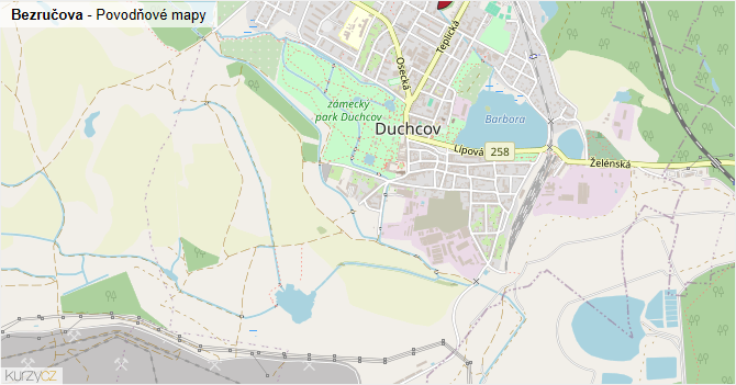 Bezručova - záplavové mapy stoleté vody