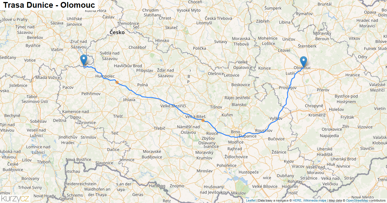 Dunice-Olomouc, mapa trasy