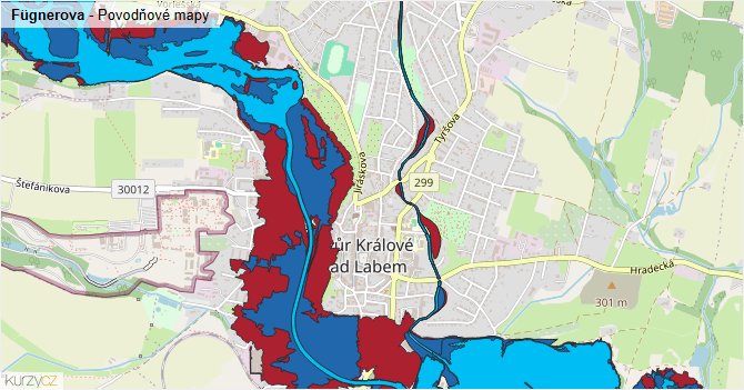 Fügnerova - záplavové mapy stoleté vody