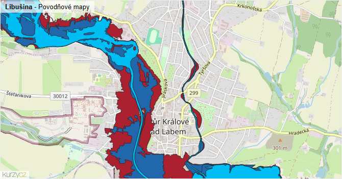 Libušina - záplavové mapy stoleté vody