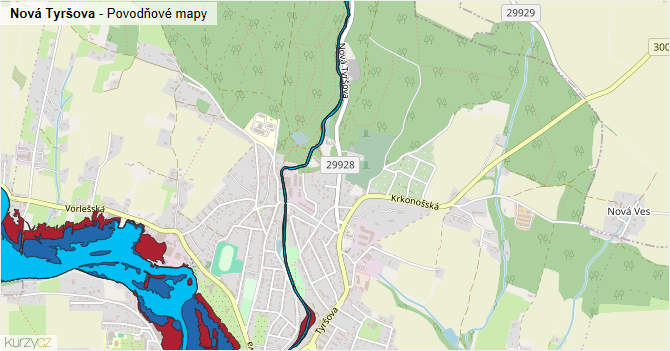 Nová Tyršova - záplavové mapy stoleté vody