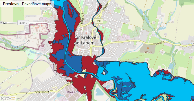Preslova - záplavové mapy stoleté vody