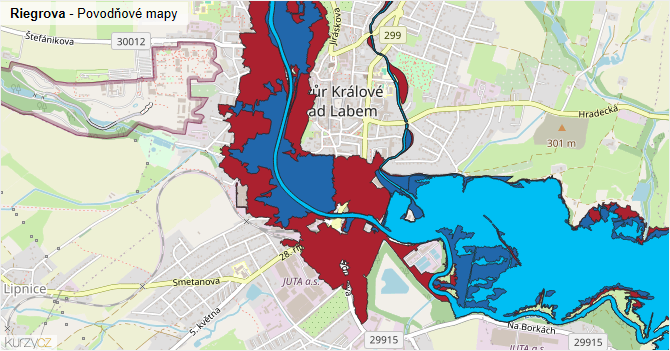 Riegrova - záplavové mapy stoleté vody