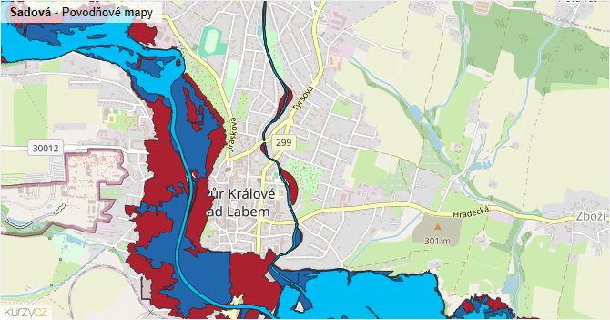 Sadová - záplavové mapy stoleté vody