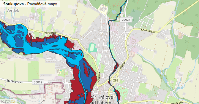 Soukupova - záplavové mapy stoleté vody